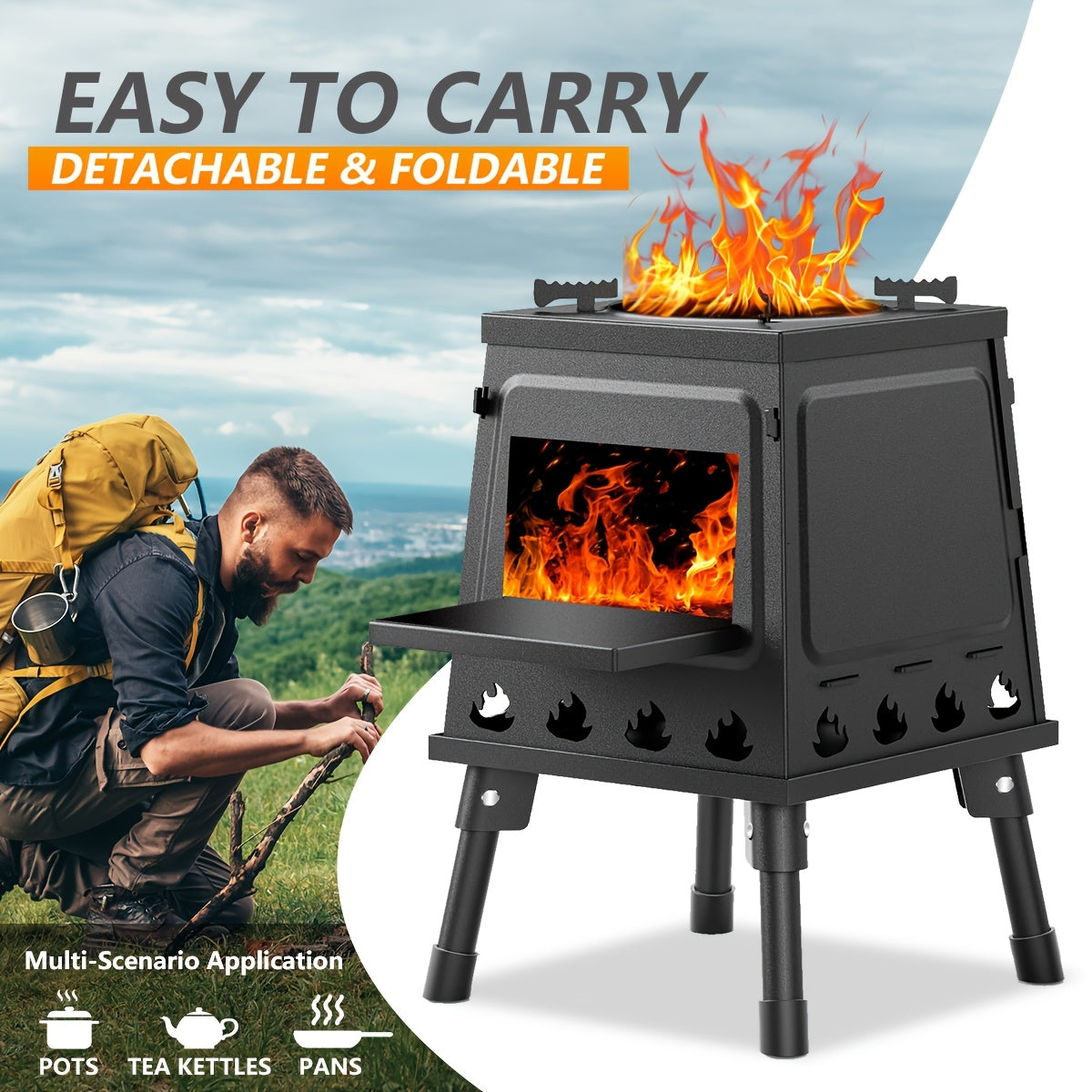 Portable Wood Burning Camp Stove - Heavy-Duty Outdoor Fireplace Stove with Sturdy Legs And Air Vents, Firewood/Bonfire Compatible for Hiking, Backpacking, Picnic, BBQ, Travel - No Electricity/Flint/Magnesium Needed