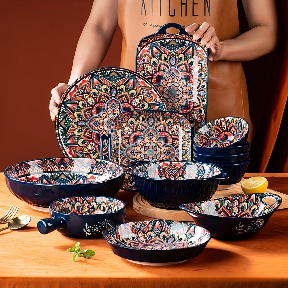 8pcs Bohemian Style Ceramic Dinnerware Set, Classic Round Patterns, Microwave & Oven Safe, Ideal for Home and Restaurant Use, Perfect Housewarming Gift