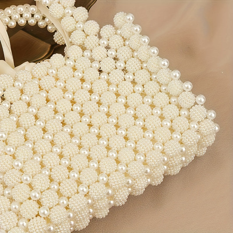 Elegant Handmade Beaded Evening Clutch with Rose Handle – Chic Women' Purse for Formal Occasions, Cream White, Purse