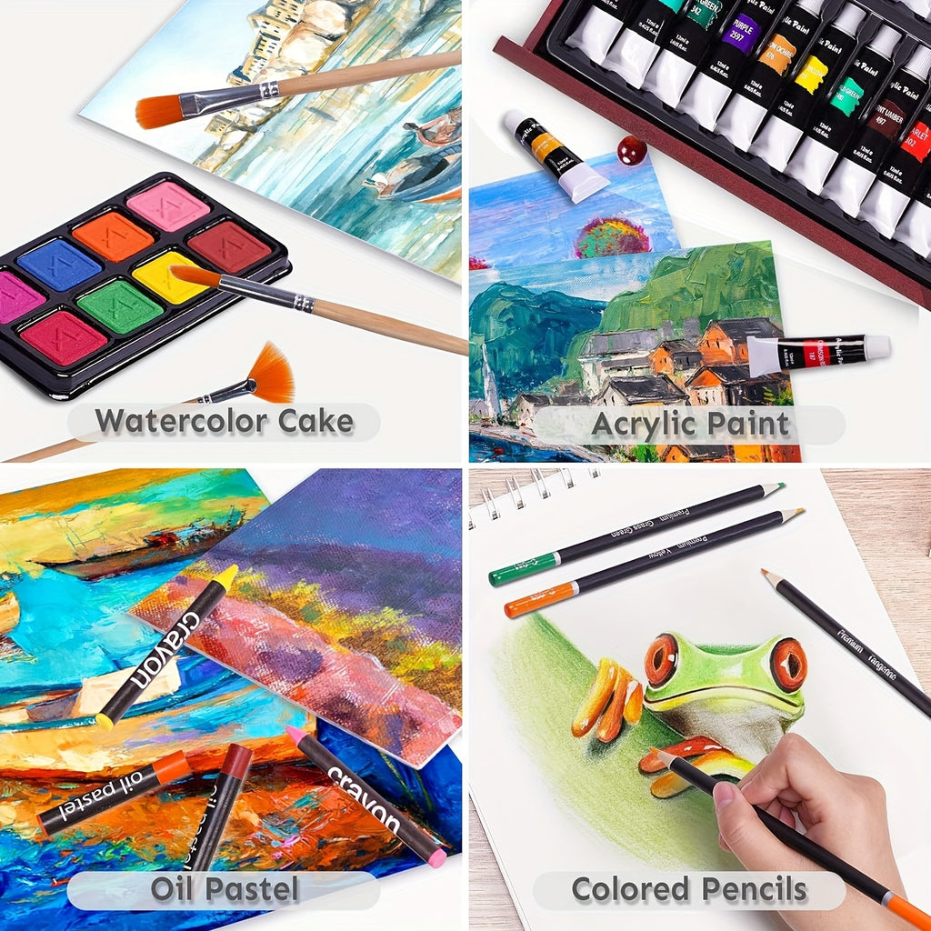 175pcs Deluxe Art Set with 2 Drawing Pads, Crayons, Acrylic Paints, Colored Pencils Set in Wooden Case, Professional Art Kit, Paint Supplies, Christmas And Halloween Gifts, Art And Drawing