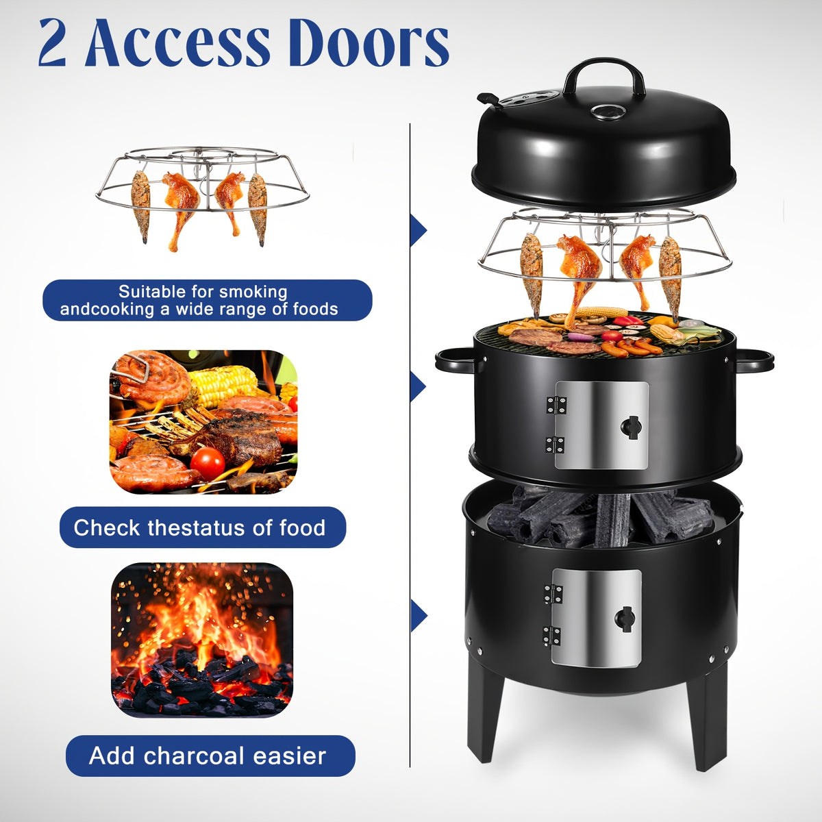 3-In-1 Portable Charcoal Smoker Grill with Built-In Thermometer, Adjustable Height BBQ Grill & Fire Pit, Large Cooking Grate, Charcoal Grill Outdoor Grill for Camping, Backyard, Tailgating, Father's Day Gift for Dad, BBQ Gifts for Men
