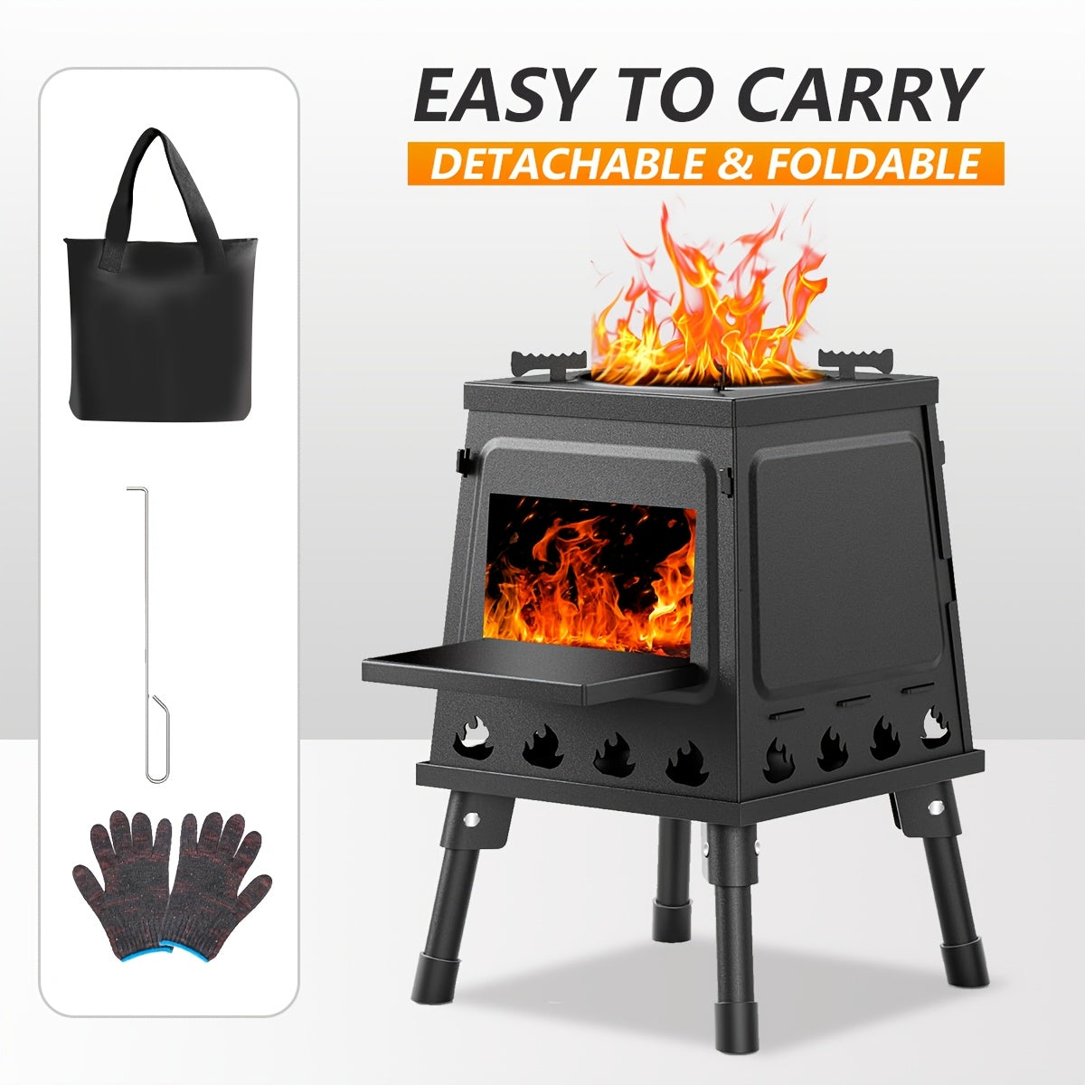 Portable Wood Burning Camp Stove - Heavy-Duty Outdoor Fireplace Stove with Sturdy Legs And Air Vents, Firewood/Bonfire Compatible for Hiking, Backpacking, Picnic, BBQ, Travel - No Electricity/Flint/Magnesium Needed