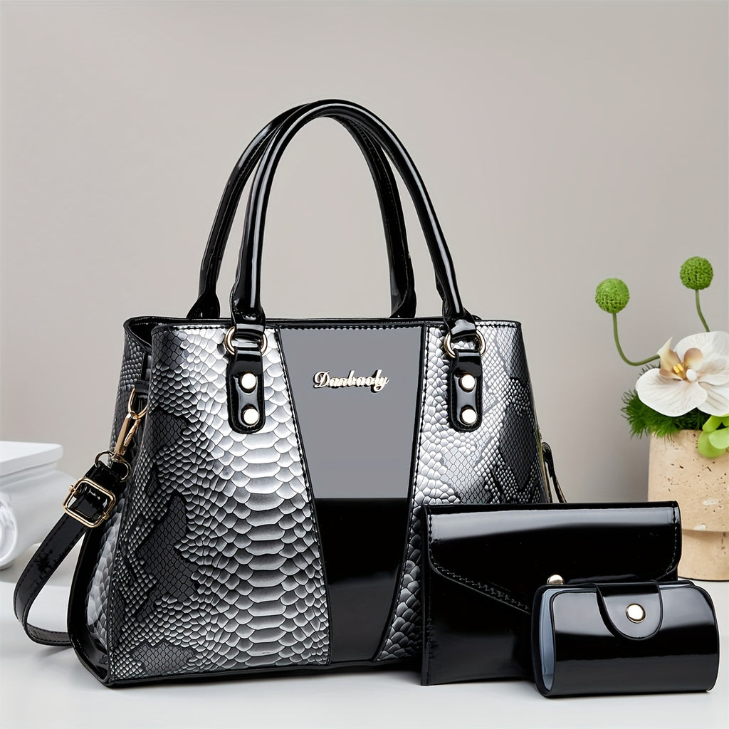 Women's Snake Print Handbag 3pcs Set Suitable for Fall/Winter - Detachable Strap & Zipper Closure Tote, Blazer-Compatible for /, Multi-Color ( /////) Handbags