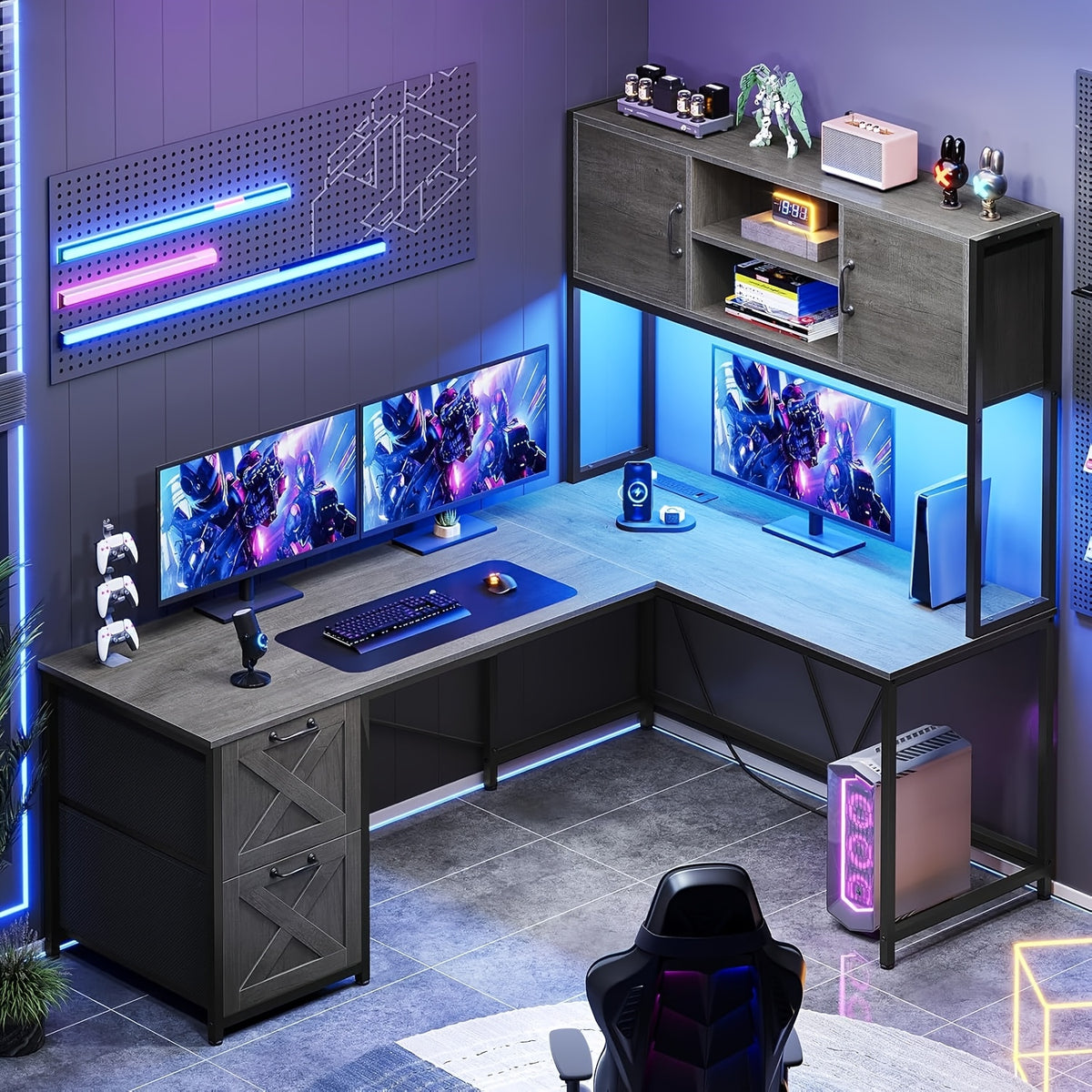 L Shaped Desk with Drawers, 62.2" Home Office Desk with Fabric File Drawers & Power Outlet, L Shaped Desk with Hutch, Open Shelves, LED Lights, Gaming Desk with Spacious Desktop, 86.6" Long Computer Desk, Two Assembly Styles, Grey/Black/Brown/White