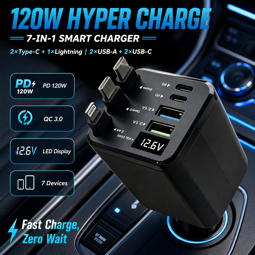 120W 7-in-1 Retractable Car Charger with Dual Type-C + Lightning Retractable Cables, External Dual USB-A + Dual USB-C Ports, High-Efficiency Fast Charging, Multi-Device Compatible for iPhone, Samsung, and All Android Digital Products