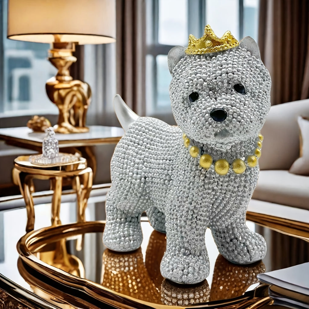 Silvery Sprinkled Beads Crown Dog Statue - Resin Handmade, Perfect For Home And Office Decoration, Ideal Gift For Dog Lovers, Suitable For Weddings And Holidays