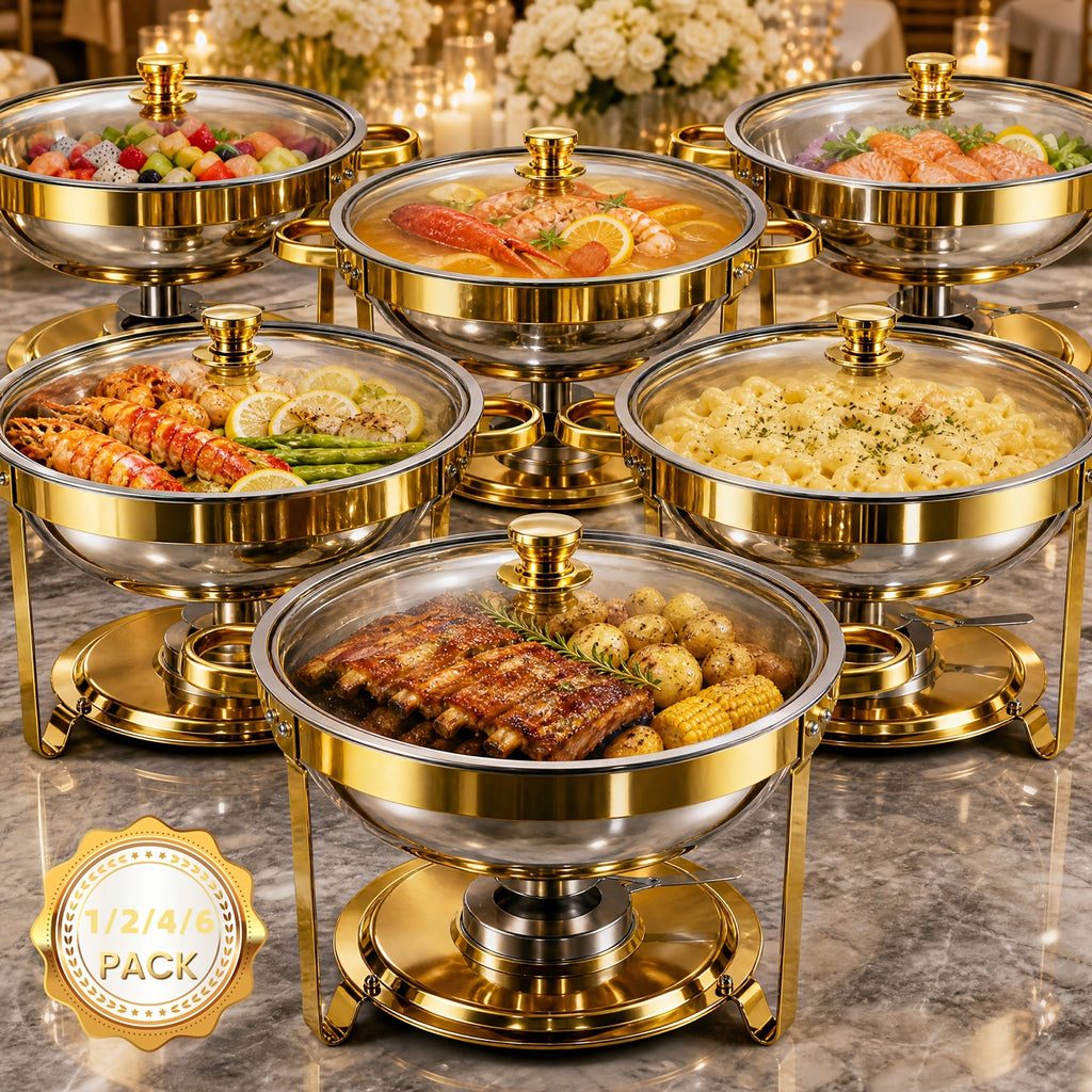 طقم أطباق تسخين دائرية ذهبية من الفولاذ المقاوم للصدأ 6QT، 1/2/4/6 قطع مع غطاء زجاجي شفاف، جهاز تسخين للبوفيه للحفلات، حفلات الزفاف، الكريسماس، التجمعات المنزلية ومستلزمات الوجبات - فقط للطبخ