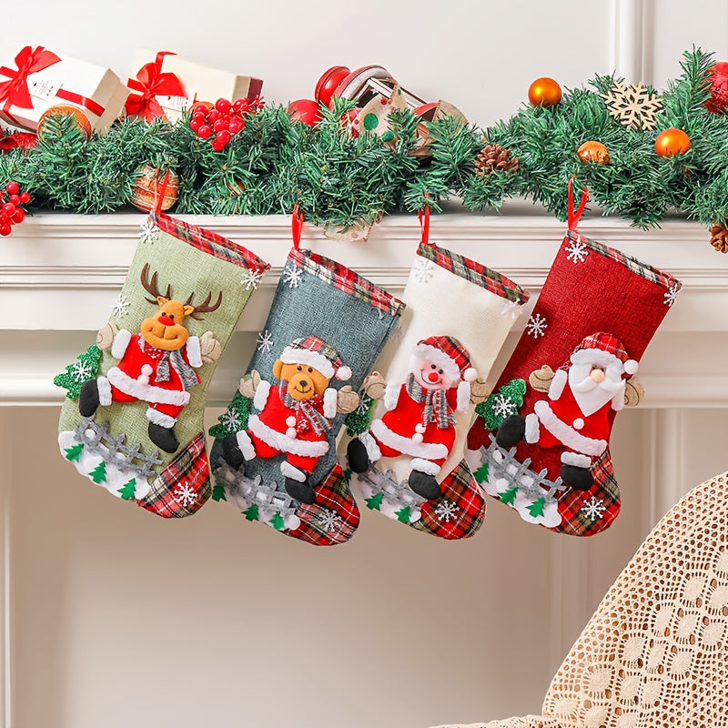 4pcs Christmas Gift Sock Set, Large Linen Candy Bags with Snowflake, Santa, Snowman, Reindeer, and Bear Patterns, Decorative Long Socks for Holiday Parties, Christmas Tree, or Fireplace, Christmas Socks, Christmas Home Decor, Christmas Sock Ornament
