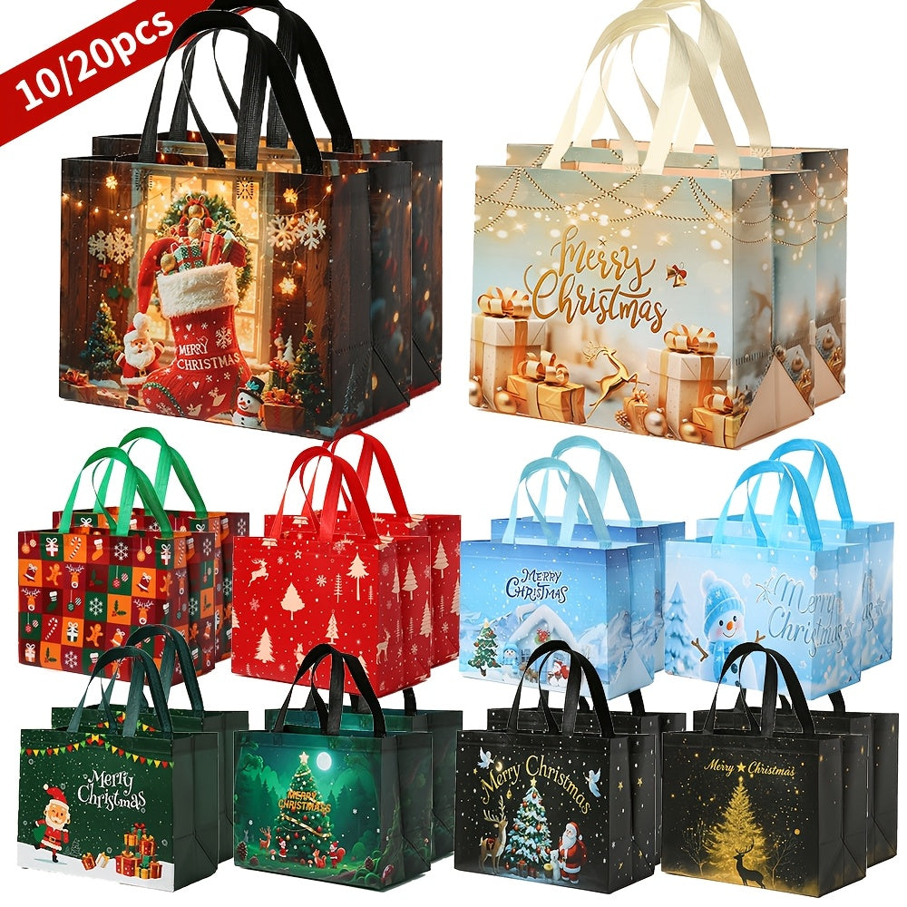 10/20pcs Large Christmas Gift Bags, Reusable Non-Woven Christmas Shopping Bags, Hand-Held Holiday Gift Packaging Bags, Suitable for New Year, Christmas Decor Party Supplies, 12.8'' X 9.8'' X 6.7''