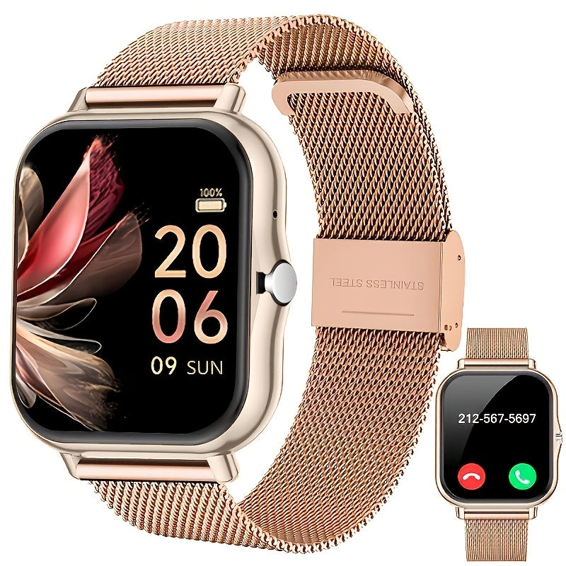 Full Touchscreen Smartwatch for Men and Women, Wireless Bluetooth for Making/answering Calls, 100+ Sports Modes, Weather, Stopwatch, Timer, Alarm Clock, Stainless Steel Strap, Stylish and Minimalist Design, Compatible with Android