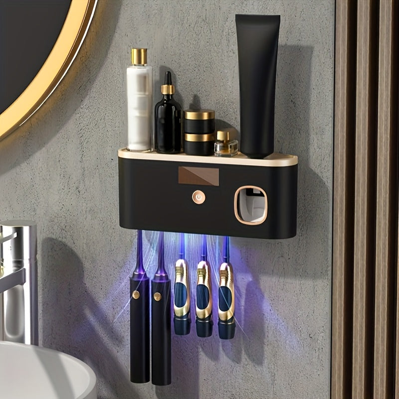 1pc Smart Toothbrush Holder, Bathroom Organizer with Automatic Toothpaste Dispenser - Wall-Mountable, 5-Slot Storage, Durable Plastic, USB Rechargeable Lithium Battery, Modern Bathroom Decor