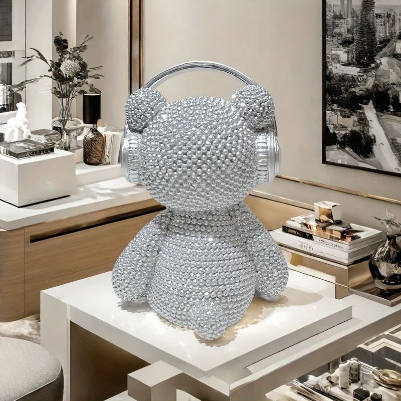 Sparkling Starry Night Headphone Bear Statue - Adorable Resin Figurine with Glittering Details | Perfect for Bedroom, Living Room, or Garden Decor | Ideal Birthday, Easter, and Mother's Day Gift | 13.7x10.3x7.8cm