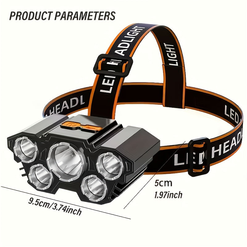 1-Piece 5-LED Rechargeable Headlamp, USB Fast Charging, Lightweight Work Light, 3 Modes, Suitable for Walking, Fishing, Outdoor Sports, Emergency Situations, IP44 Protection Rating