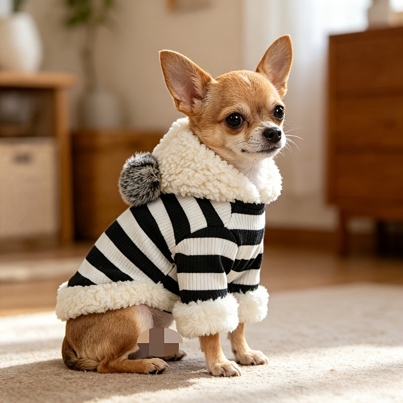 PlushBall Hooded Pet Sweatshirt, Black and White Striped -Lined Dog Clothes, Teddy Chihuahua Cat Autumn/Winter Warm Pullover