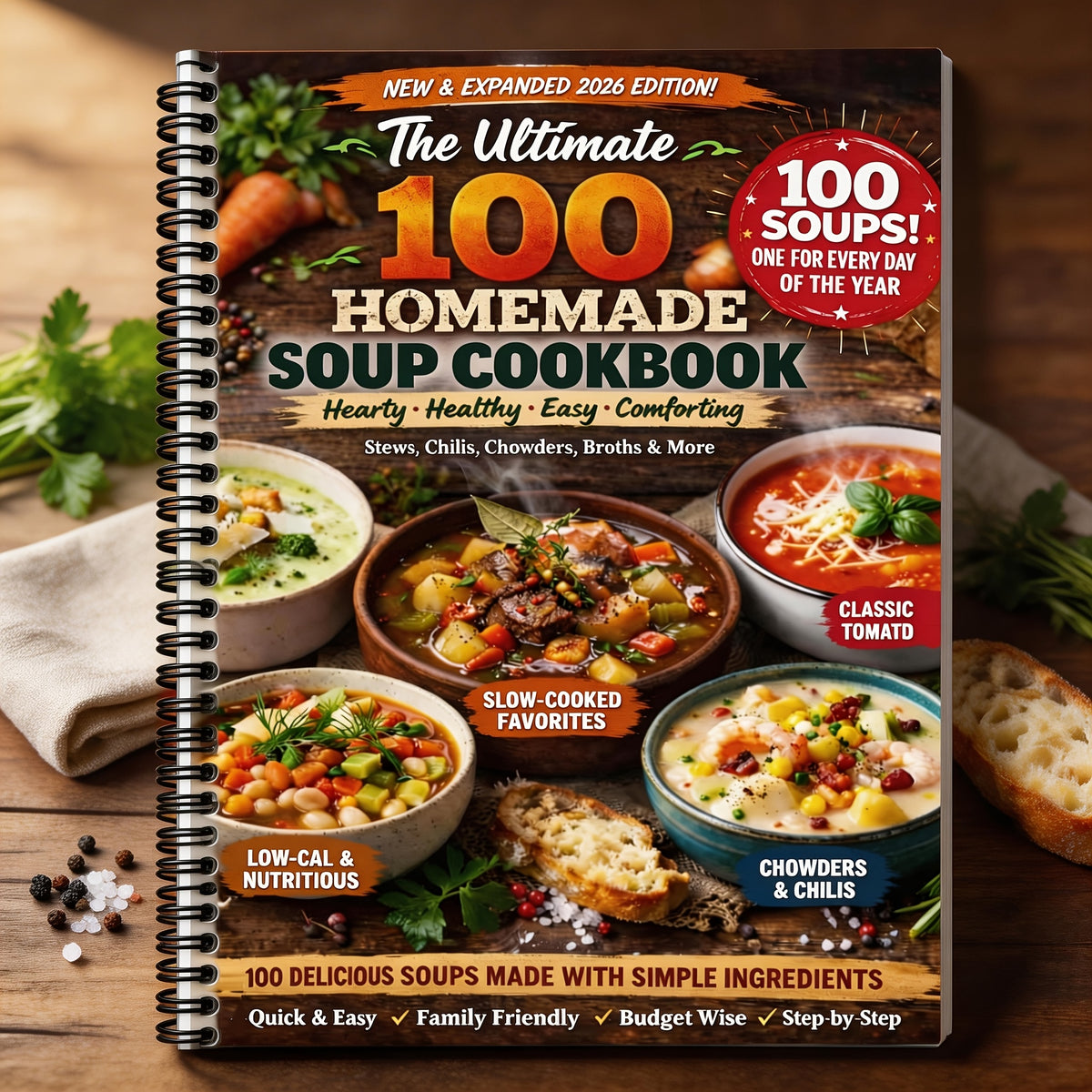 The Ultimate 100 Homemade Soup Cookbook:100+ Easy And Healthy Soup Recipes for Every Day | Hearty Stews, Chilis, Chowders & Broths | Quick, Budget-Friendly And Family Meals (Spiral Bound)