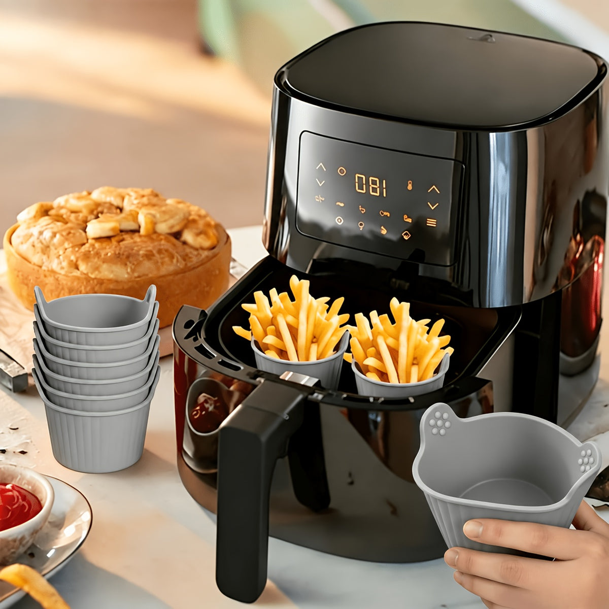 8pcs Multi-functional Air Fryer Baking Cups, Made of Silicone, Ice Cream Cups, Non-stick Round Muffin Pie Molds, Reusable, Even Heat Distribution for Easy Release, with Striped Texture Design, Suitable for Cake Making and Ice Cream Making