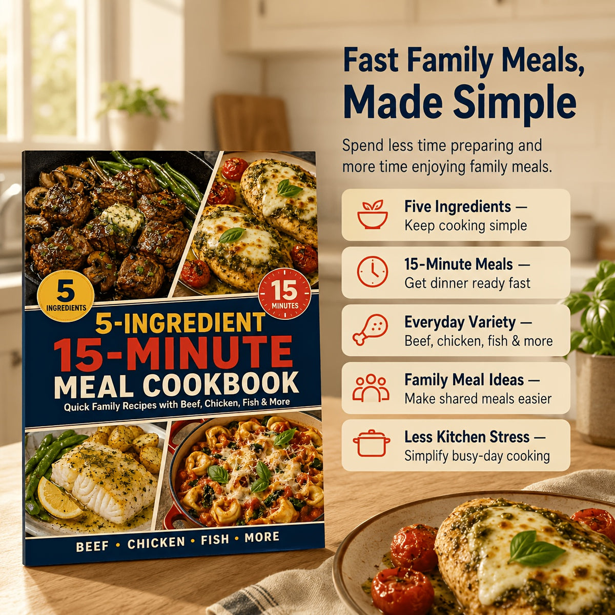 5-Ingredient 15-Minute Meal Cookbook - Quick Family Recipes with Beef, Chicken, Fish & More