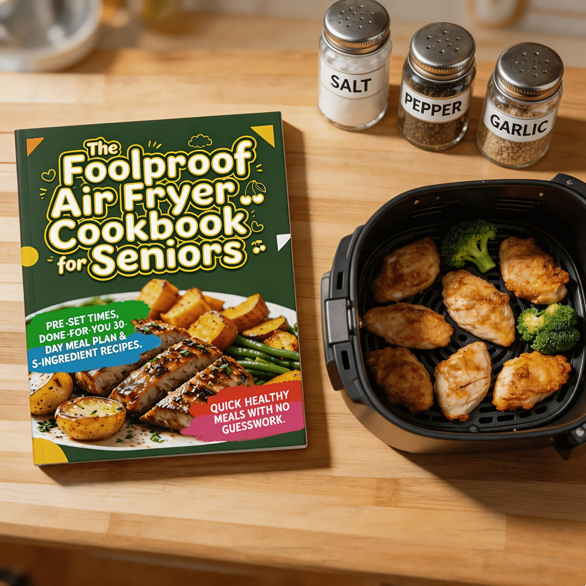 The Foolproof Air Fryer Cookbook for Seniors: Pre-Set Times, Done-for-You 30-Day Meal Plan & 5-Ingredient Recipes. Quick, Healthy Meals with No Guesswork.