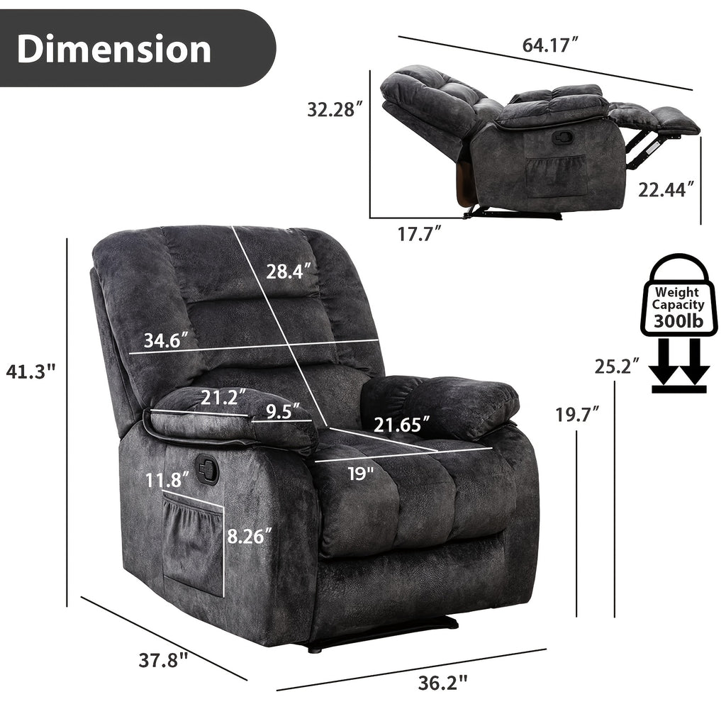 Oversized Manual Recliner Chair with Massage And Heat, Soft Fabric Reclining Single Sofa with Lumbar Heating & 8 Vibration Points, Overstuffed Lounge Chair for Living Room