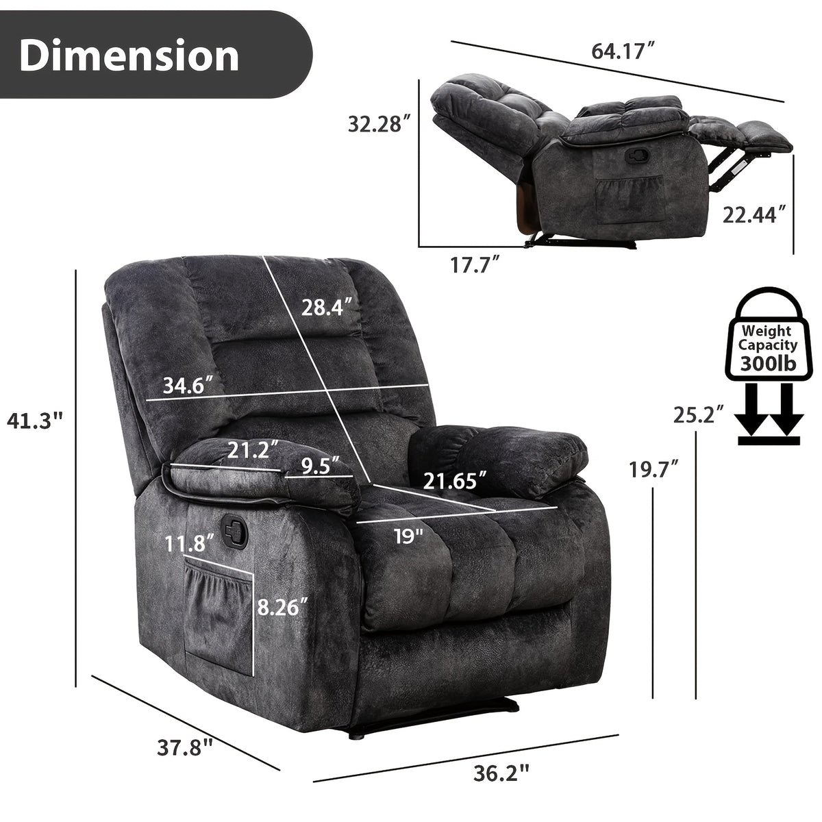 Oversized Manual Recliner Chair with Massage And Heat, Soft Fabric Reclining Single Sofa with Lumbar Heating & 8 Vibration Points, Overstuffed Lounge Chair for Living Room