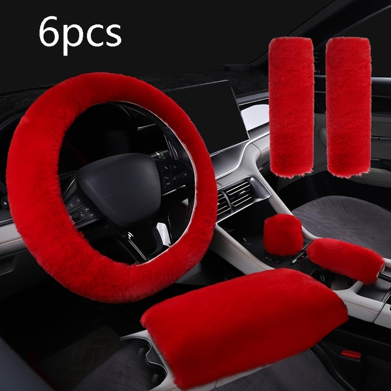 6pcs/7pcs Luxury Winter Fashion Imitation Rabbit Hair Set (Hair Steering Wheel, Armrest Box Cushion, Seat Belt Shoulder Cover, Handbrake Cover Set) - Soft, Fluffy, Warm, Universal, Suitable for Sedans/Suv