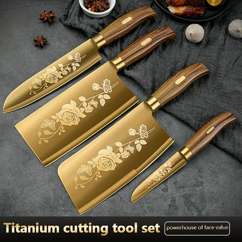 مجموعة سكاكين مطبخ من الفولاذ المقاوم للصدأ باللون الذهبي، 4 قطع، سكين عظام، سكين مطبخ، سكين شيف، سكين فواكه، سكين حرفية مطلية بالتيتانيوم، مناسبة جدًا لإعداد الطعام، مجموعة سكاكين مطبخ