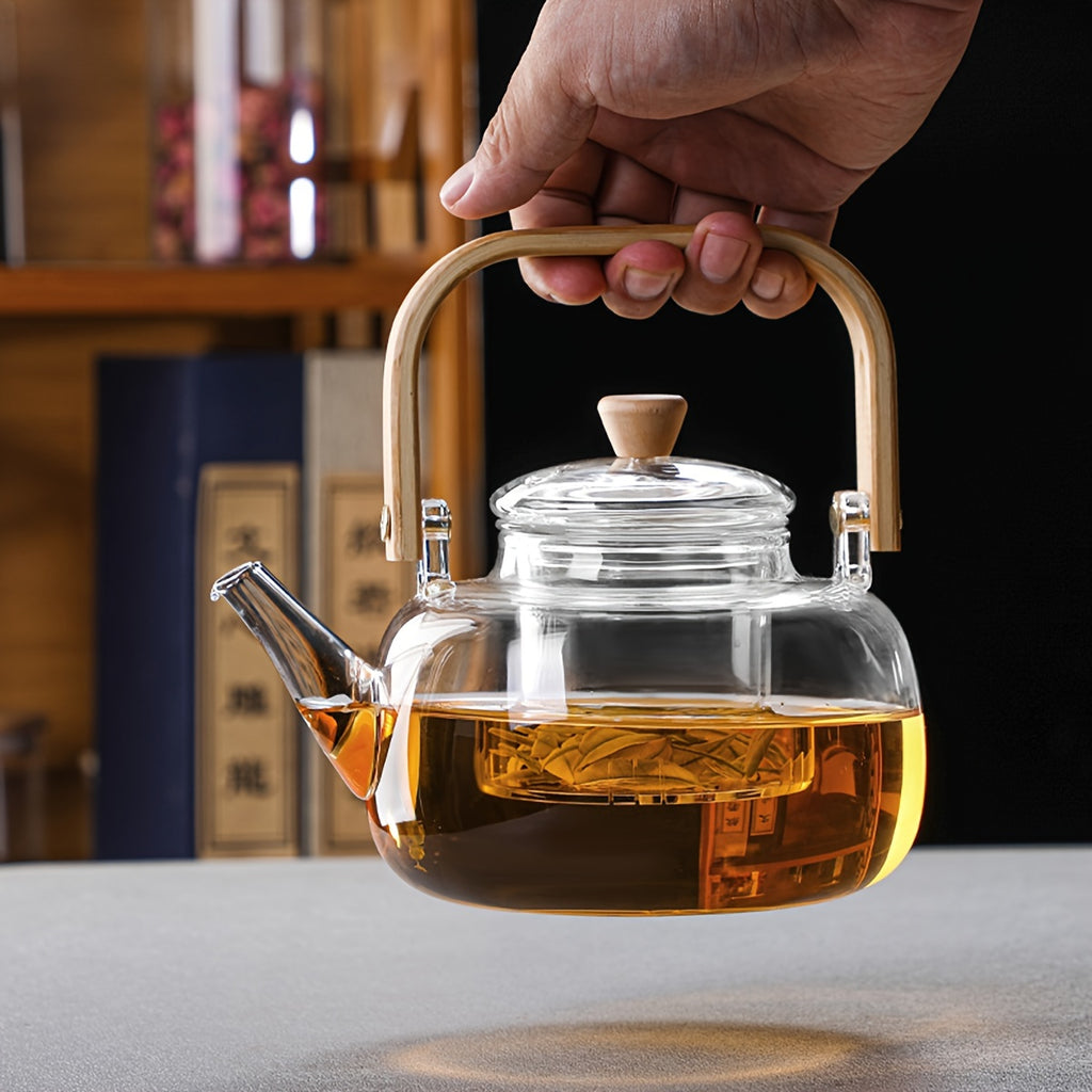 1pc 33.81oz Borosilicate Glass Teapot with Ergonomic Wood Handle, Heat-Resistant Stovetop Safe Tea Kettle for Iced Tea & Fruit Tea, Transparent Tea Maker with Removable Infuser for Loose Leaf & Blooming Tea, Durable Cold Brew Pot, Ideal Birthday Gift