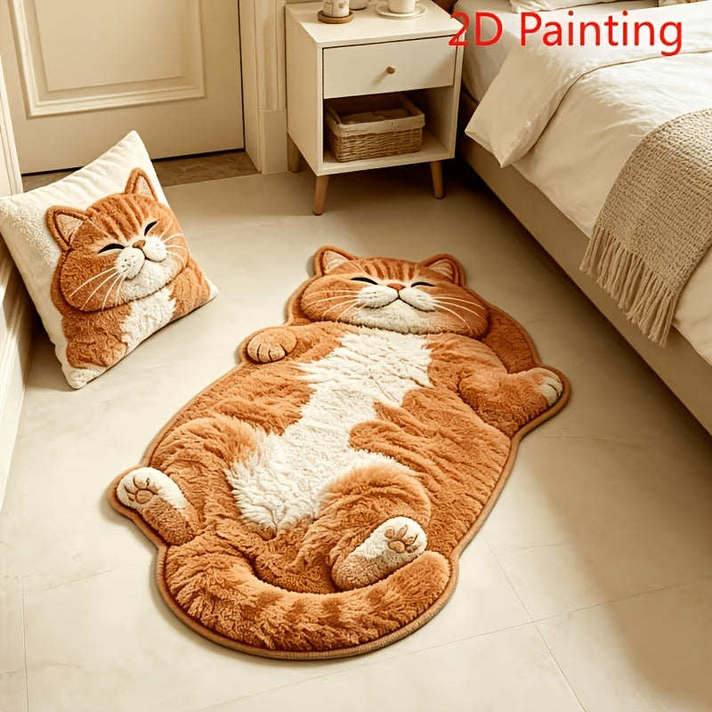 Plush Shaggy Rug Suitable for Bedside & Sofa - Realistic Orange Cat with Anti-Slip Backing, Soft Machine-Washable Suitable for Living Room,, Warm Cozy Rug for Entryway, Modern Cat-Themed Design