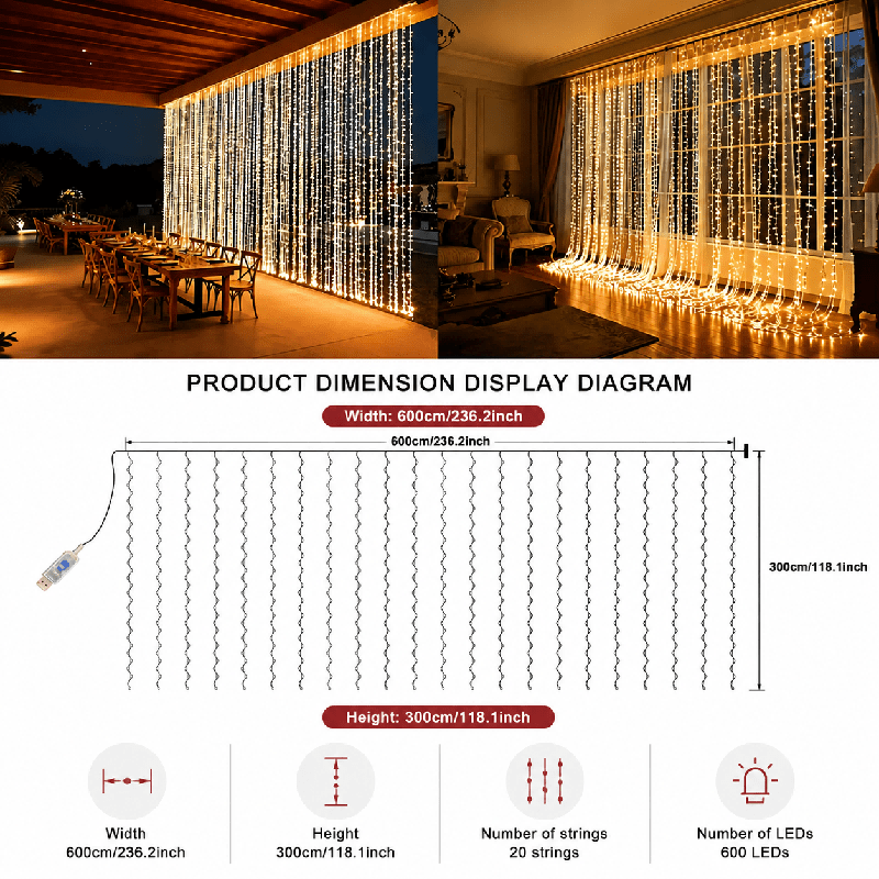 600 LED Hanging Fairy Curtain String Lights, 236.22 X 118.11 Inches Indoor/Outdoor Window Decoration Lights, Decorative String Lights Rope Lights USB Powered, 8 Modes, Suitable for Christmas, Halloween, Weddings, Birthday Parties, and Festive Wall