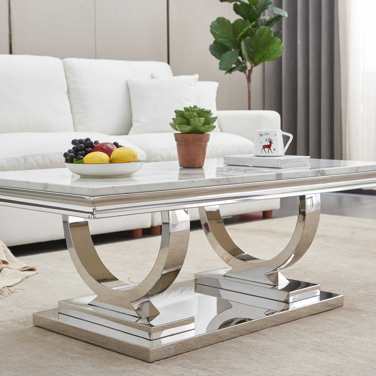 46'' Marble Coffee Table with Mirrored Stainless Steel Metal Base, Rectangle Faux Marble Top Coffee Table Center Table Tea Table, Modern Coffee Table Living Room Table