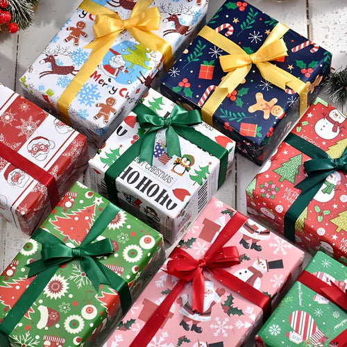 1 Set/5pcs Christmas Gift Wrapping Paper, Premium Coated Paper, Featuring Santa Claus, Christmas Tree, And Reindeer Decorative Patterns, Ideal for Decorating And Storing Christmas Gifts, Christmas, Birthday, Party Use