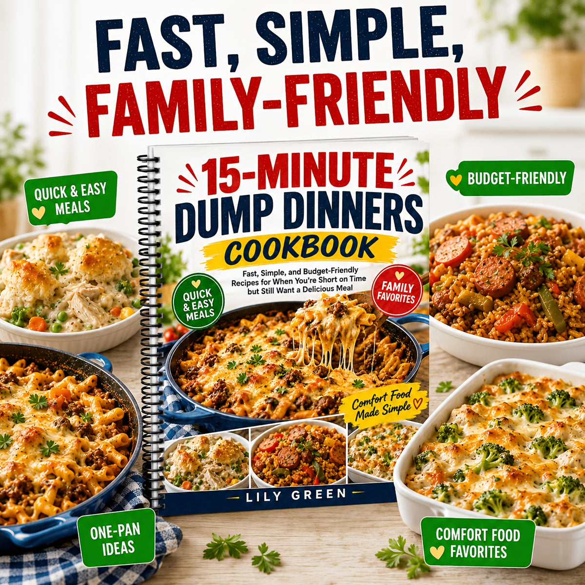 15-Minute Dump Dinners Cookbook for Beginners: Quick, Easy & Budget-Friendly Family Recipes for Busy Weeknights, Meal Prep and Everyday Comfort Food (Spiral Bound)