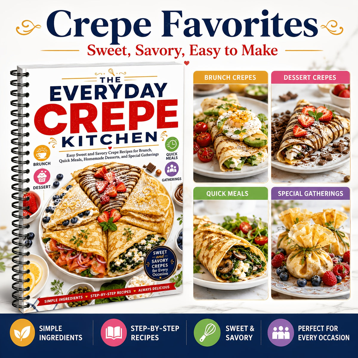 The Everyday Crepe Kitchen: Easy Sweet And Savory Crepe Recipes for Brunch, Quick Meals, Homemade Desserts, And Special Gatherings (Spiral Bound, Full Color Edition)
