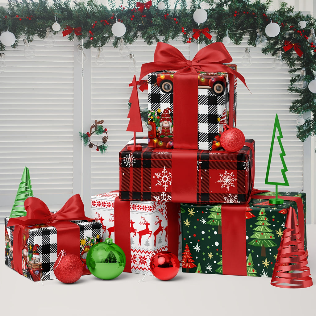 4 Sheets Christmas Wrapping Paper - Holiday Gift Wrap White And Black Plaid with Truck, Black And Red Plaid with Snowflake Green Christmas Trees, Deer Xmas Design for Christmas, Birthday, Holiday, Party, Baby Shower - 19.7 Inch X 27.5 Inch Per Sheet