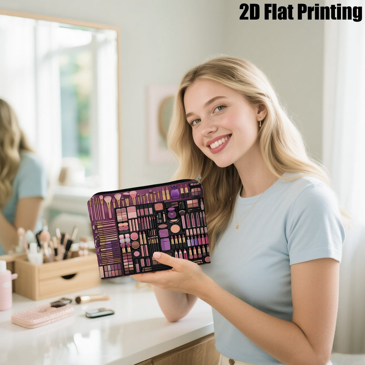 Vibrant 2D Printed Polyester Makeup Bag, 20*25cm/8*10inch Portable Travel Cosmetic Pouch, Compact Lightweight Storage Organizer, Ideal for Daily Touch-Ups, Travel Use, and Gifting to Ladies