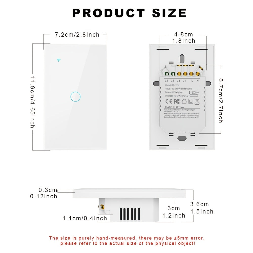 Wall-Mounted Touch Smart Switch Wifi Light Switch US Standard Requires Neutral Line AC100-240V 50Hz/60Hz APP Voice Timer Remote Control 600W/Gang Smart Home Lighting Switch Compatible with Alexa Google Home Smart Control