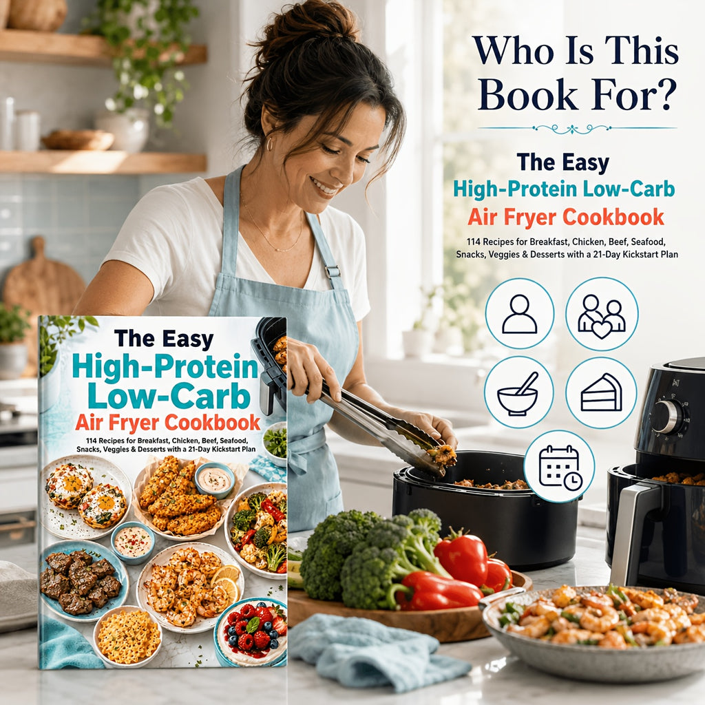 The Easy High-Protein Low-Carb Air Fryer Cookbook 114 Recipes for Breakfast, Chicken, Beef, Seafood, Snacks, Veggies & Desserts with a 21-Day Kickstart Plan