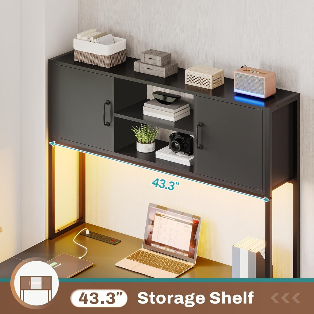 L Shaped Desk with Drawers, 62.2" Home Office Desk with Fabric File Drawers & Power Outlet, L Shaped Desk with Hutch, Open Shelves, LED Lights, Gaming Desk with Spacious Desktop, 86.6" Long Computer Desk, Two Assembly Styles, Grey/Black/Brown/White