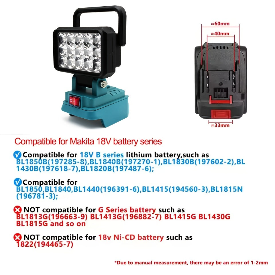 LED Work Light, Compatible with Makita 18V Lithium Battery (battery Not Included). LED Spotlight—15-LED Handheld Work Light with Adjustable Bracket, Portable Handheld/hanging Emergency Light, IP44 Portable Lighting, Suitable for Outdoor Use Such