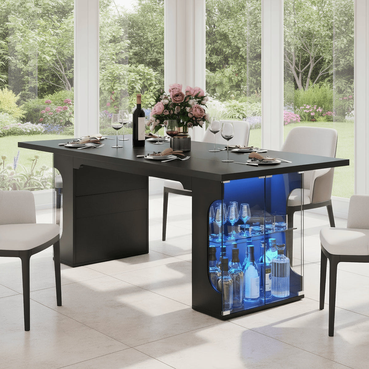 71-inch Modern Dining Table with LED Glass - Rectangular Table Suitable for 4-8 People, Space-Saving Design with Artificial Top & /MDF Frame, Assembly for Dining Room,, Entertaining - 71"