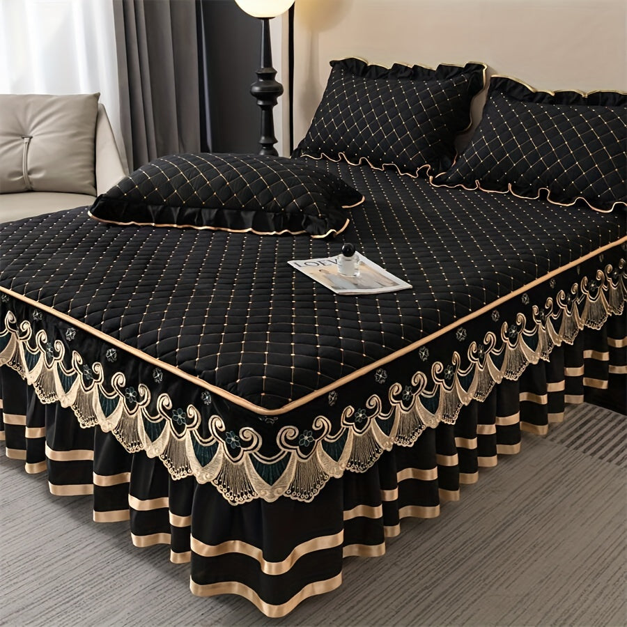 3pcs Bed Skirt Solid Color Quilted Thickened, Lace Trimmed Includes [1pc Bed Skirt And 2pcs Pillowcases], No Pillow Inserts, Multi-Layer Lace, Fashionable And Aesthetic, Mattress Cover Protector Easy to Remove