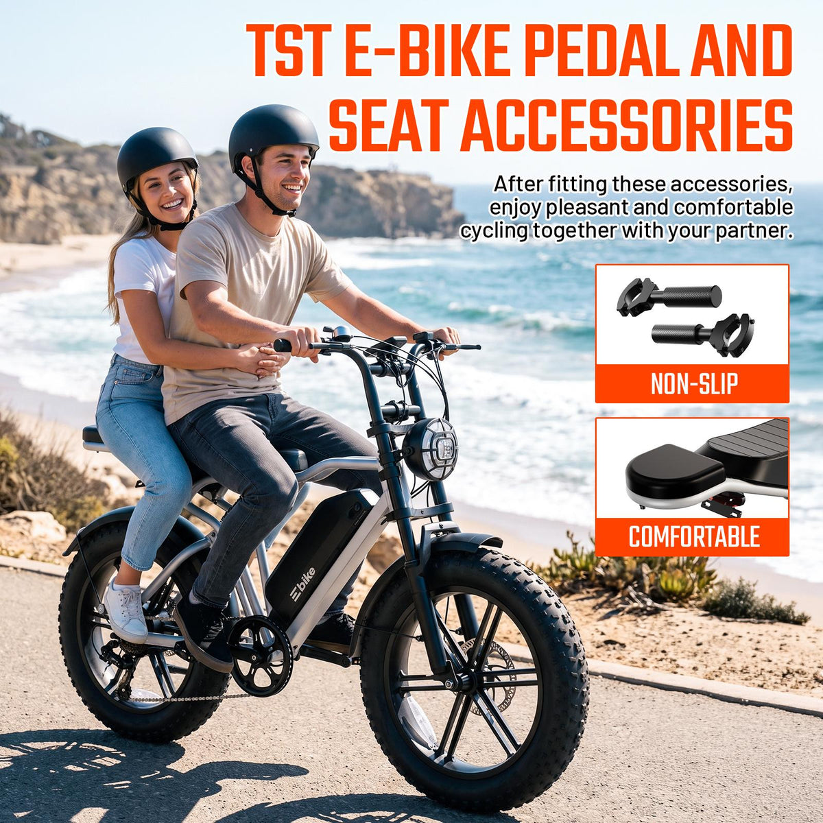 TST R002 Rear Passenger Seat And Foot Pegs Kit, Padded E-Bike Rear Seat Cushion, Non-Slip Passenger Footrests with Complete Installation Hardware, Replacement Accessory Compatible with Black Orange White R002 E-Bike