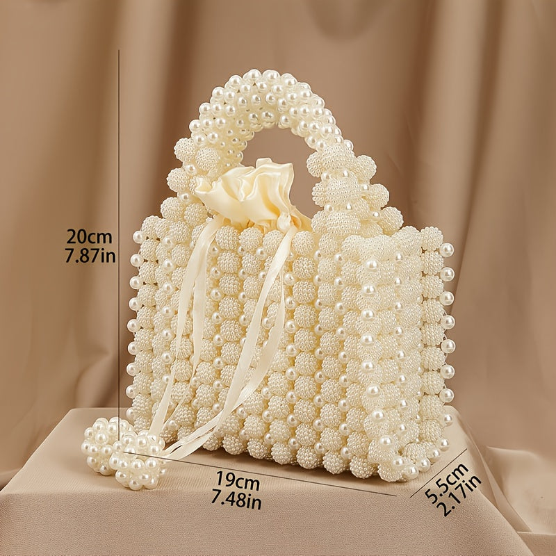 Elegant Handmade Beaded Evening Clutch with Rose Handle – Chic Women' Purse for Formal Occasions, Cream White, Purse