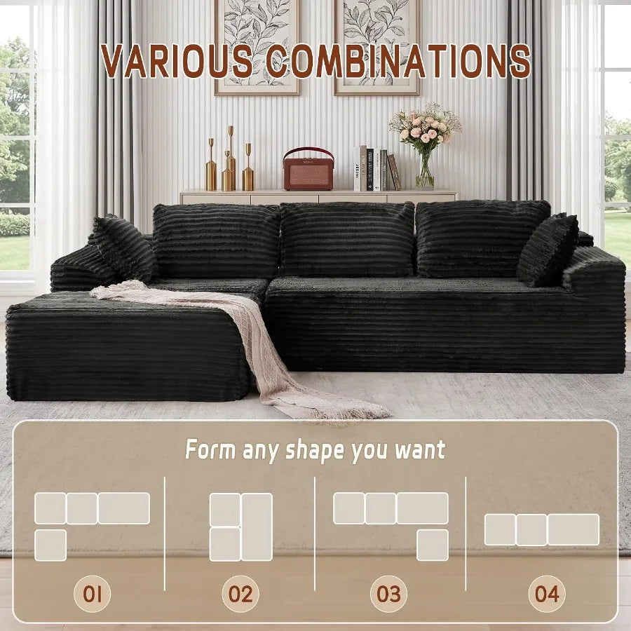 Korser 110" Boneless Modular Sectional Sofa Chaise L-Shaped Comfy Corduroy Fluffy Couch Deep Seat Side Pockets Flexible Module