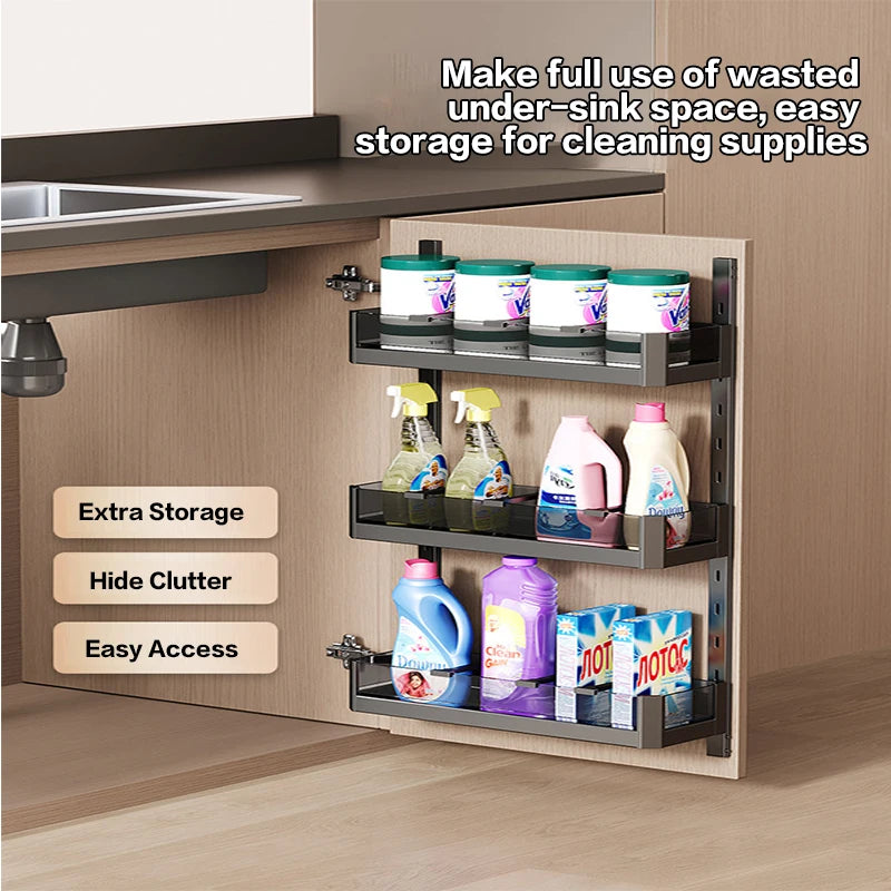 Under Sink Cabinet Door Hanging Basket Pull Out Multi Layer Organizer Kitchen Cupboard Storage Rack Space Saving No Drill 287