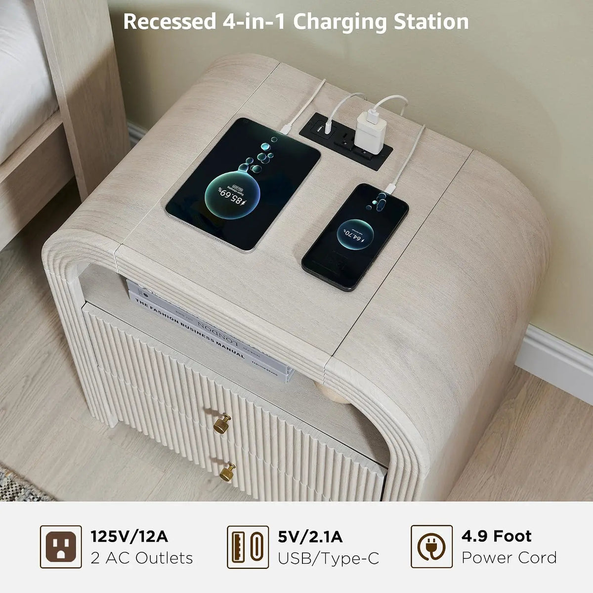 24" Fluted Nightstand Set of 2 with Charging Station, Alder White, Customized