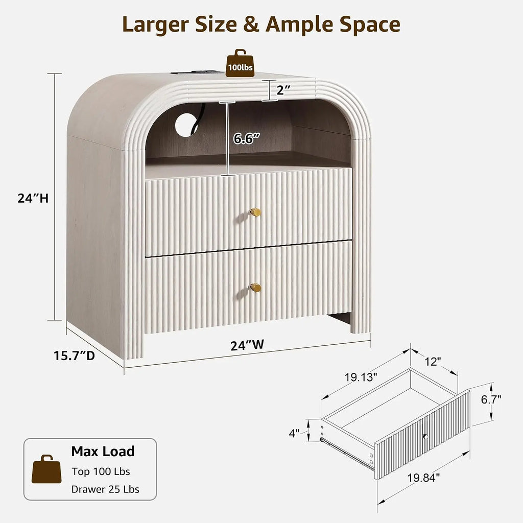 24" Fluted Nightstand Set of 2 with Charging Station, Alder White, Customized