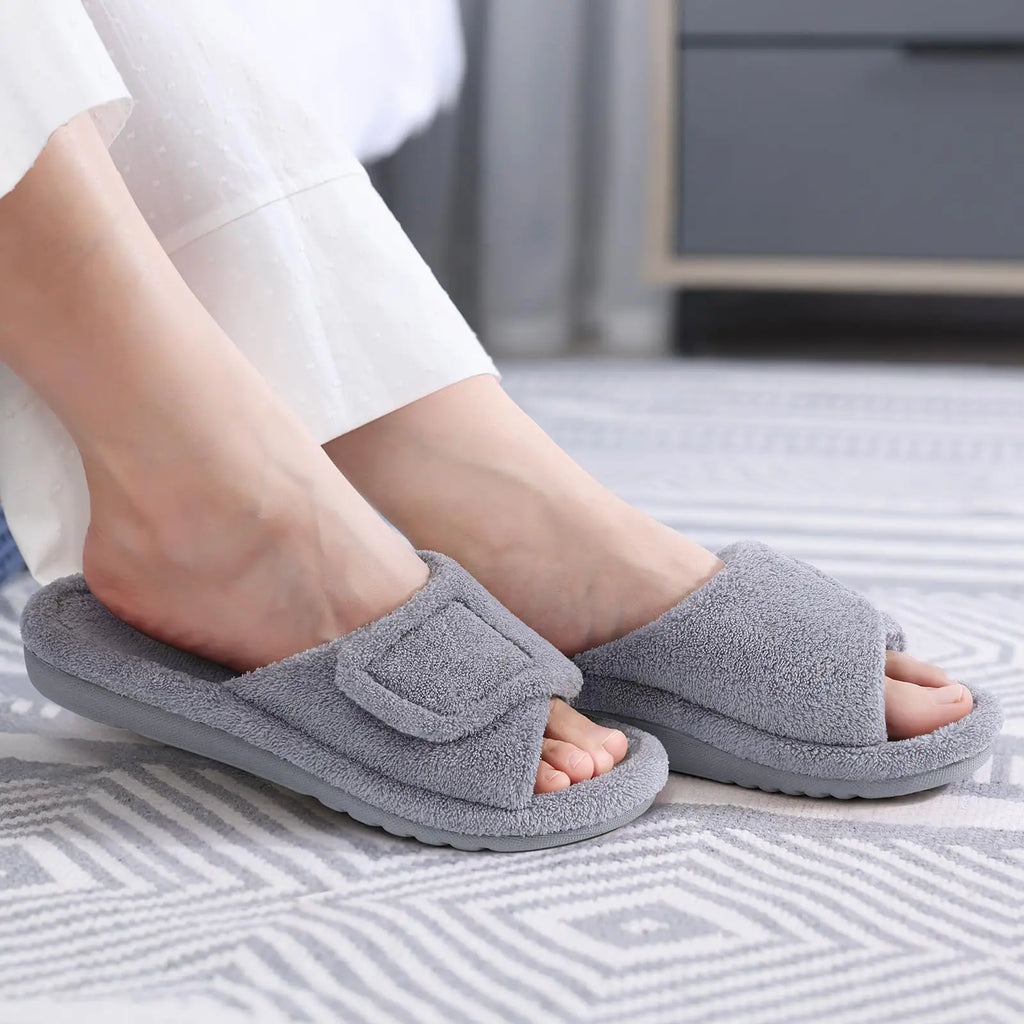 Bebealy Women's Open Toe Memory Foam House Slippers Winter Non-slip Fuzzy Slides With Adjustable Velcro Lady orthopedic Slippers