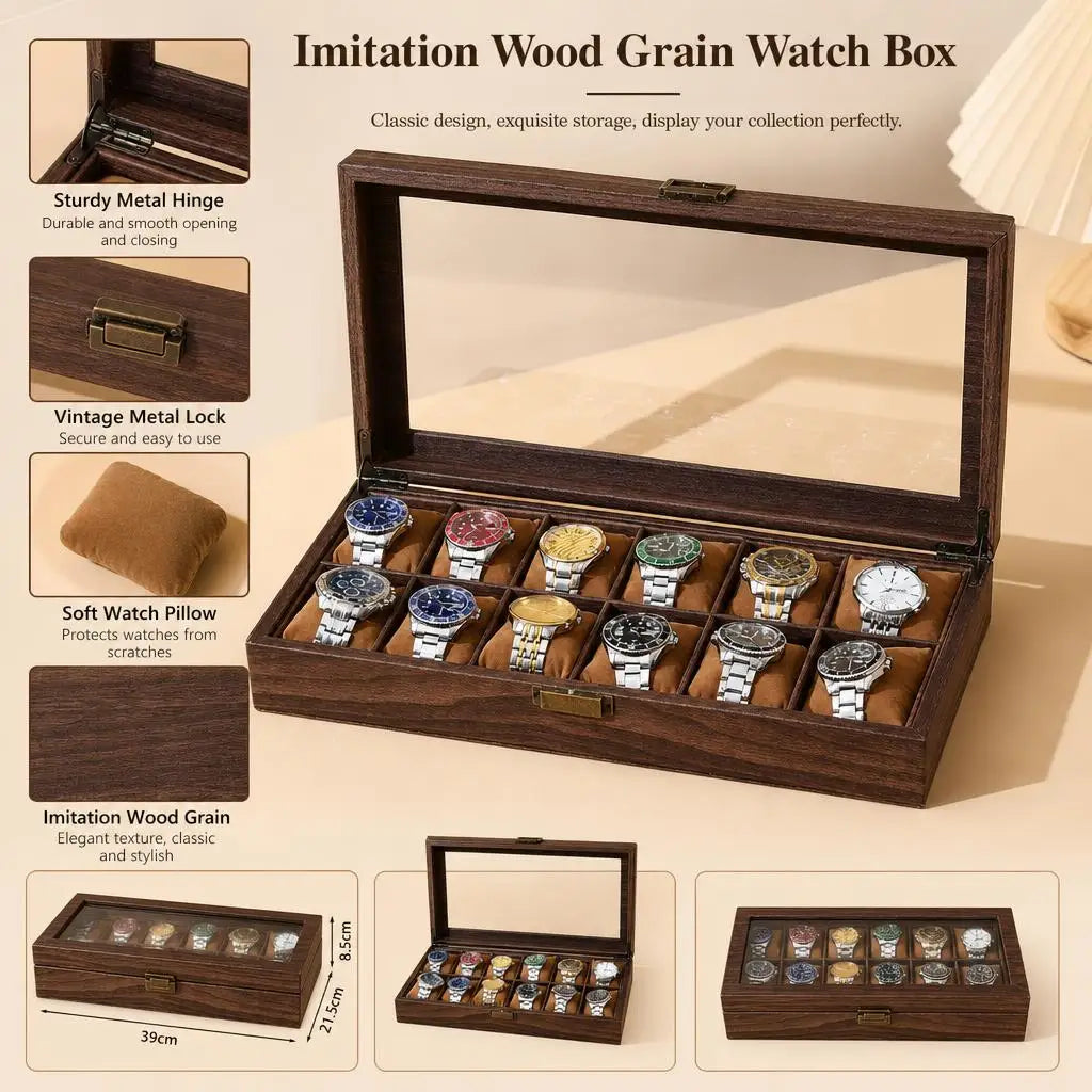 12Bit Retro Imitation Wood Grain Leather Watch Box Creative Gift Box Transparent Windowed For Exquisite Watch and Jewelry Storage Case