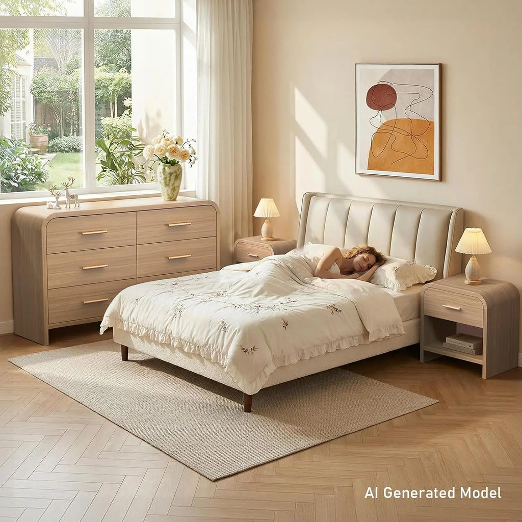 3-Piece Bedroom Set, Curved 6-Drawer Dresser&1-Drawer Nightstands, Customized
